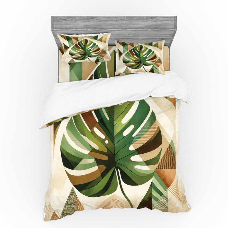 Ensemble de literie Ambesonne Monstera et sépia vert fougère et cacao, Housse de couette très grand lit californien + 3