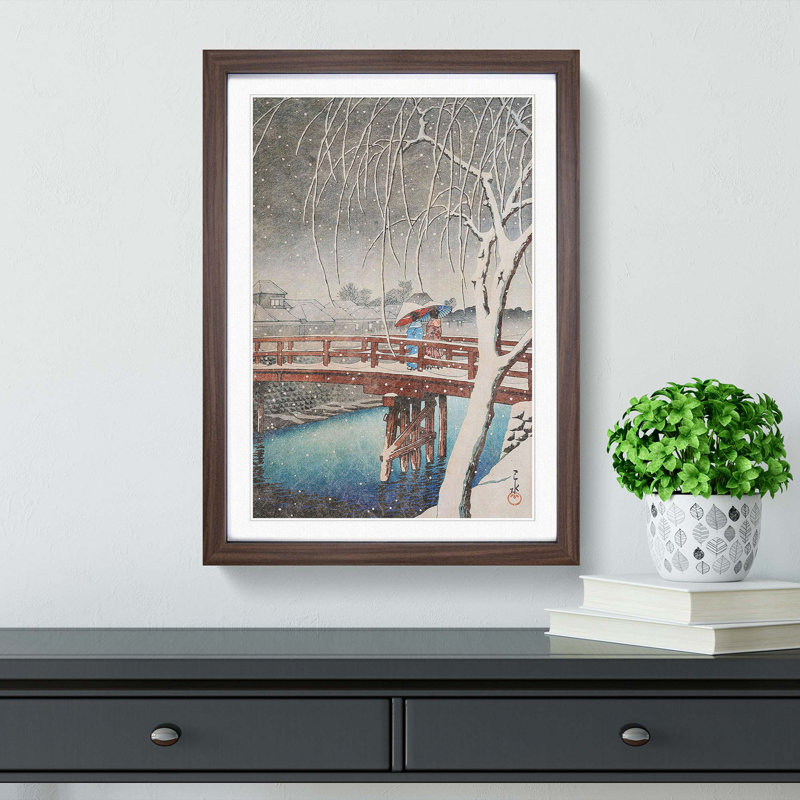 Two Crossing the Bridge by Hasui Kawase - Framed Print, 48cm H x 36cm W x 2cm D, Walnut Framed