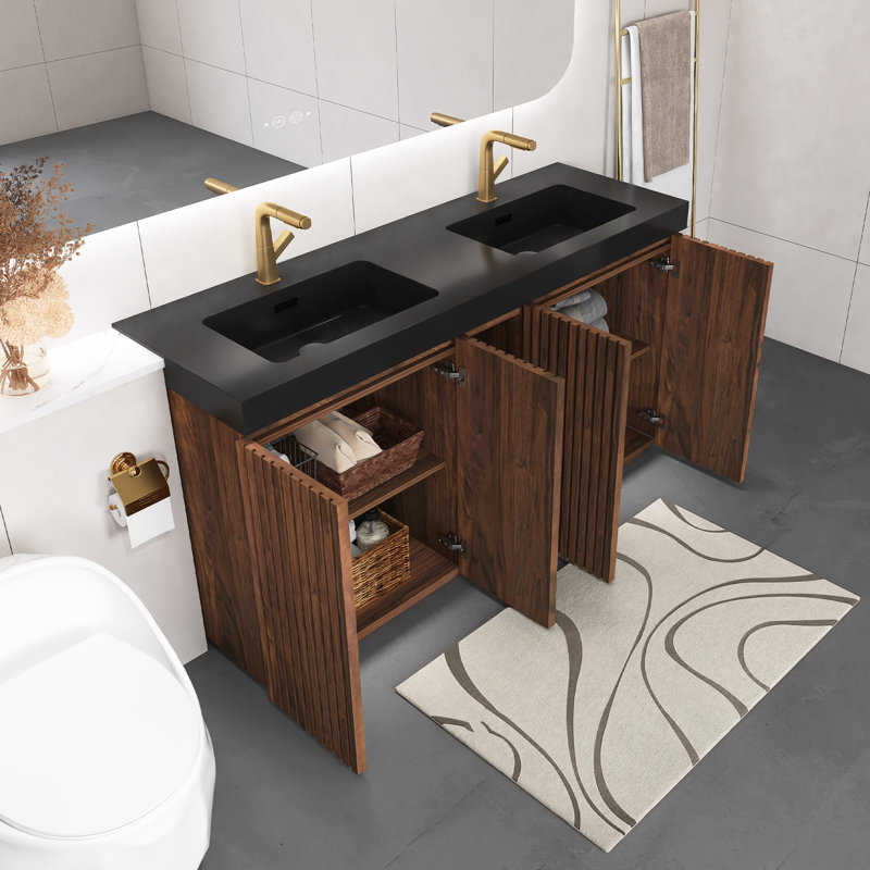 Meuble-lavabo moderne noyer Winston 60 po avec lavabo une pièce à double cuve en quartz noir, grand meuble-lavabo autoportant avec rangement