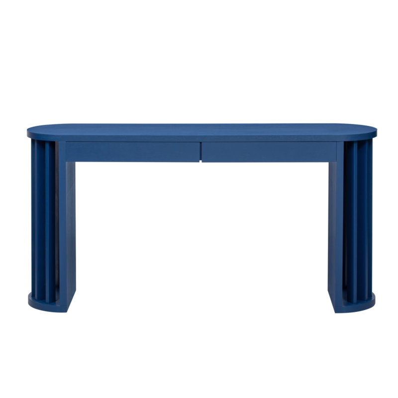 U_Style 59-Inch Long Console Table,Oak Veneer Sofa Table,Curved And Straight Line Design,Behind The Couch, Farmhouse Entryway Table For Entrance, Hallway, Living Room (Navy Blue)