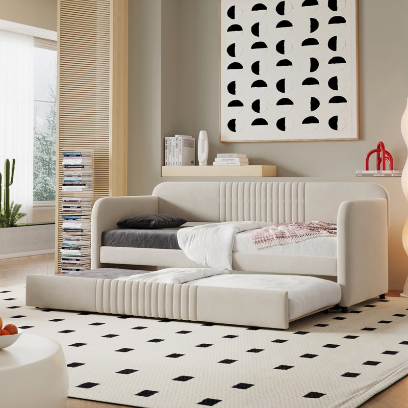 Twin Size Upholstered Daybed with Trundle, Beige