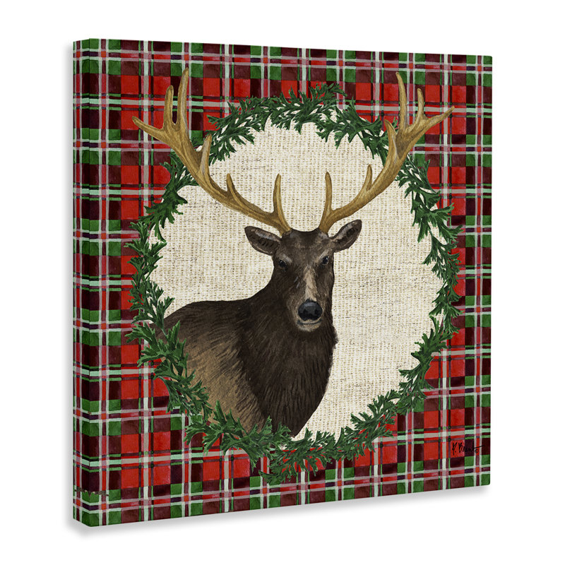 «Festive Plaid Elk», art mural sur toile par Paul Brent, H 24 po x l 24 po