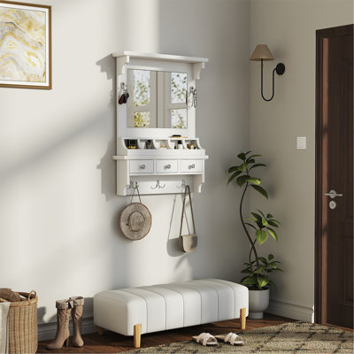 Meuble-lavabo flottant avec grand miroir, meuble-lavabo mural avec tiroirs, pochettes et crochets, rangement décoratif pour petits espaces