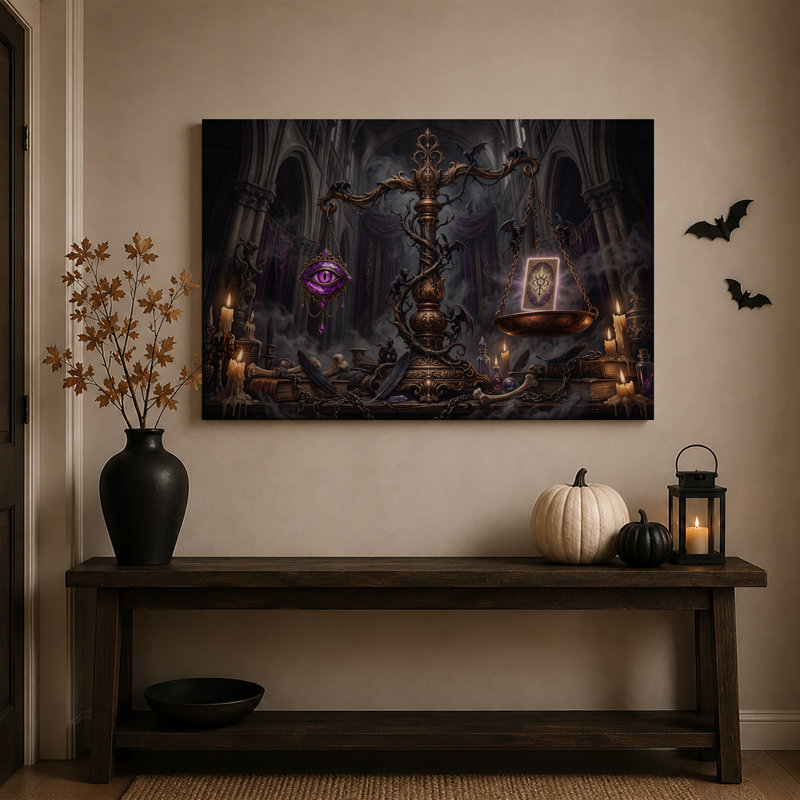 Tableau sur toile gothique doré à l'œil violet et lumineux, idéal pour l'Halloween, H 20 po x l 30 po