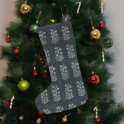 Bas de Noël en mélange de lin - Imprimé Inderdhanush gris pour un élégant décor des Fêtes
