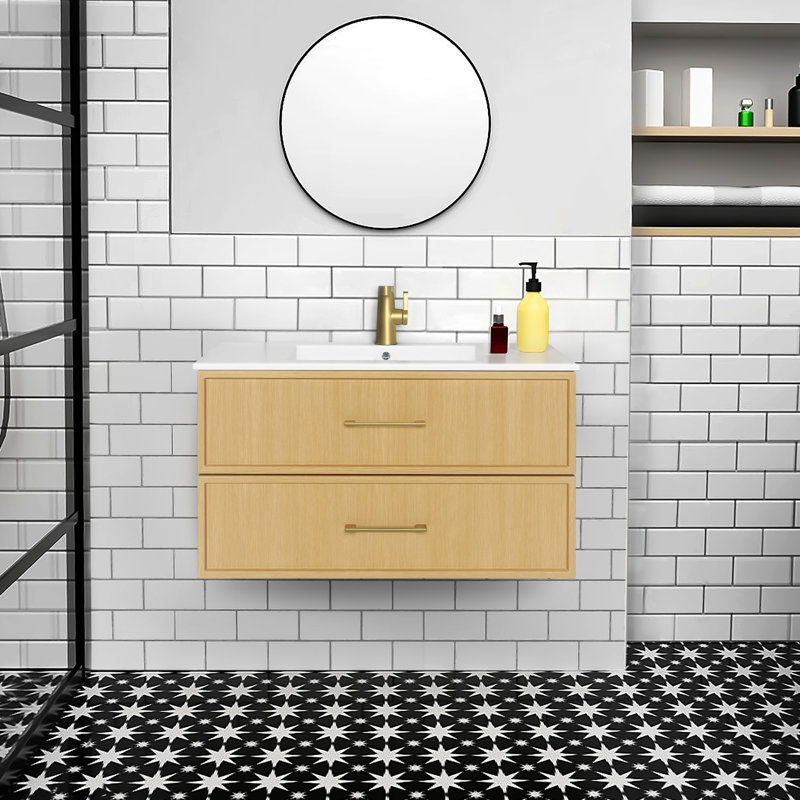 Meuble-lavabo mural simple 36 po avec plateau en marbre de culture et lavabo intégré Cassidy, Natura, Doré, 36"