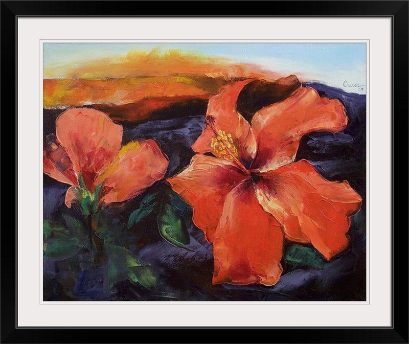 «Anjlee Hibiscus Volcano» par Michael Creese - reproduction d'art, H 24 po x l 28 po x P 1 po, Cadre noir