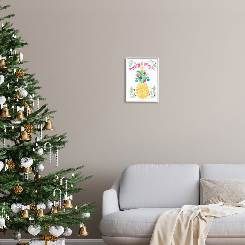 «Merry & Bright», ananas ornemental à l'aquarelle noire, estampe numérique encadrée, art texturé par Heather Strianese