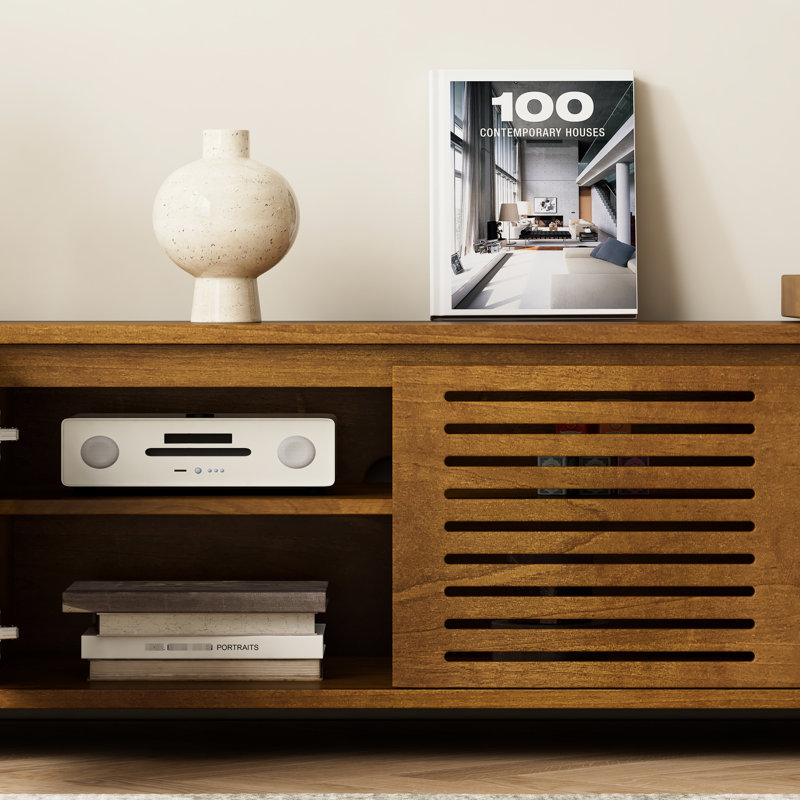 Armoire de divertissement Mid-Century moderne extensible, meuble télé 63 po avec rangement, réglable pour téléviseur jusqu'à 75 pieds, rangement et panneau de style, convient aux téléviseurs de 55 à 70 po