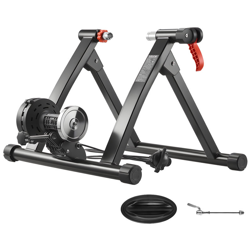 Entraîneur de vélo, résistance à 6 niveaux, roues de 26 à 29 po et 700C, support stationnaire magnétique pliable pour vélo d'intérieur avec brochette à dégagement rapide et bloc de rehausse de roue avant pour vélos de route
