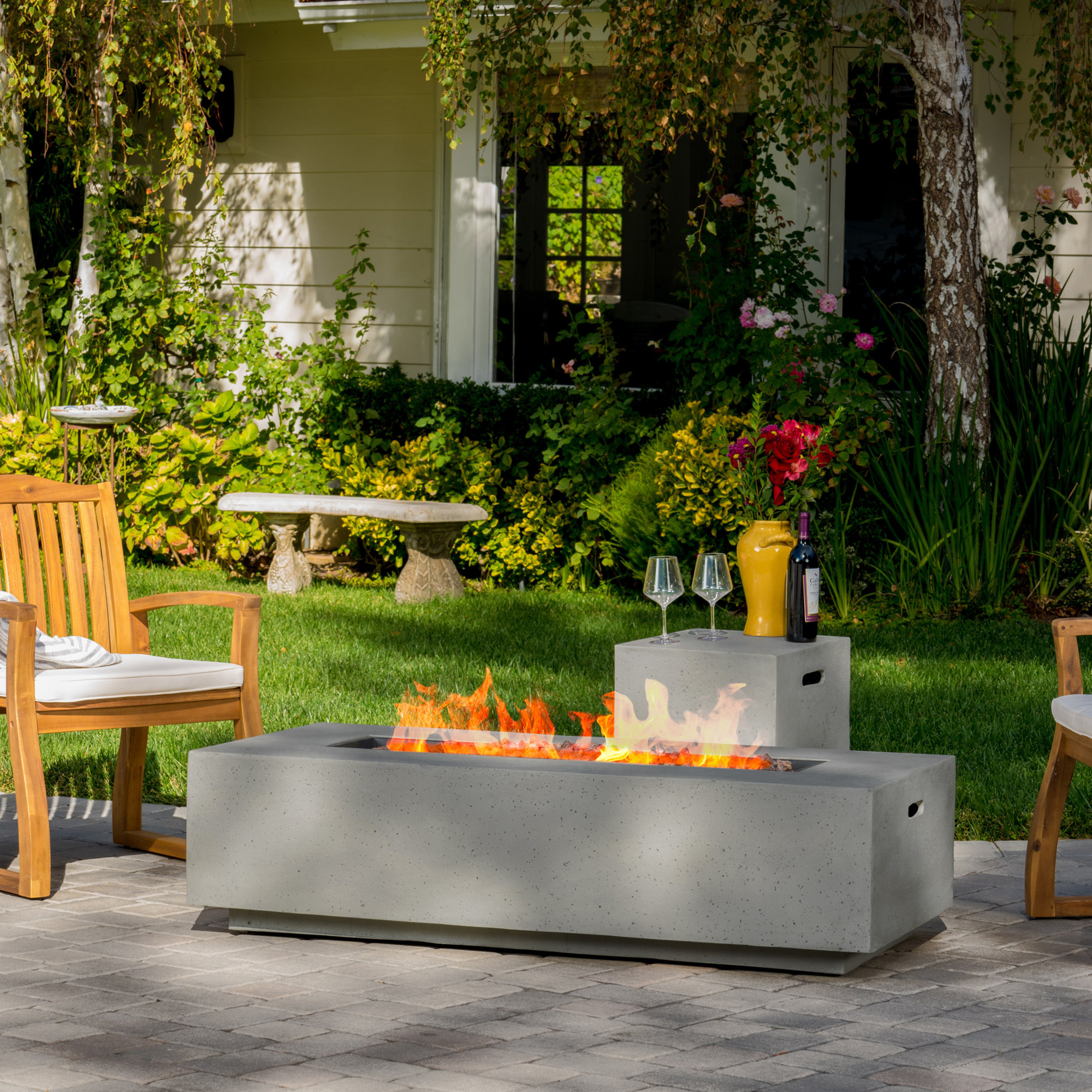 Belle Concrete Rectangle Fire Pit Table,  Light Gray