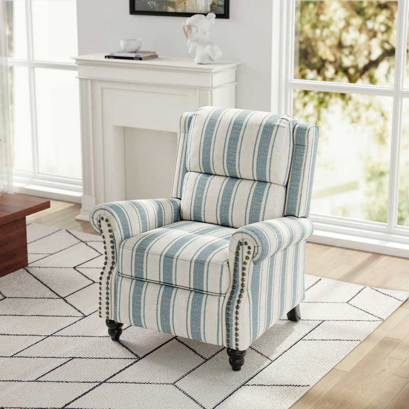   Ameiah Upholstered Farmhouse Manual Push Back Recliner with Solid Wood Legs, Stripe Blue
