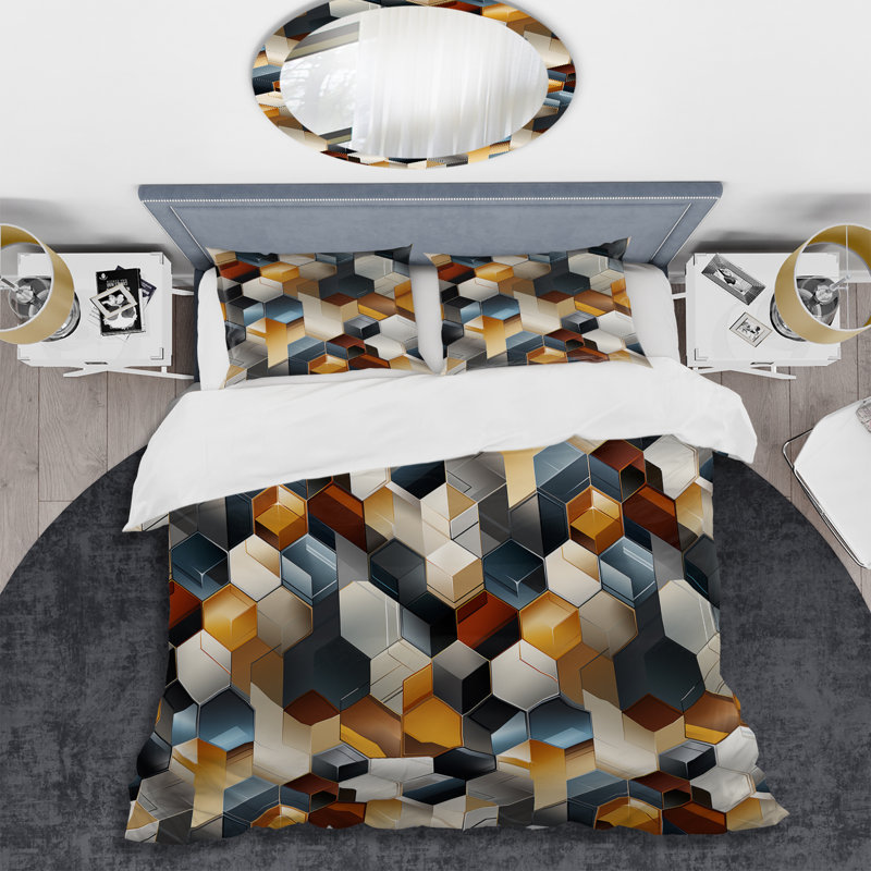 Ensemble de housse de couette en microfibre Grey Hexagons Dreams I, Housse de couette pour grand lit et 2 taies décor