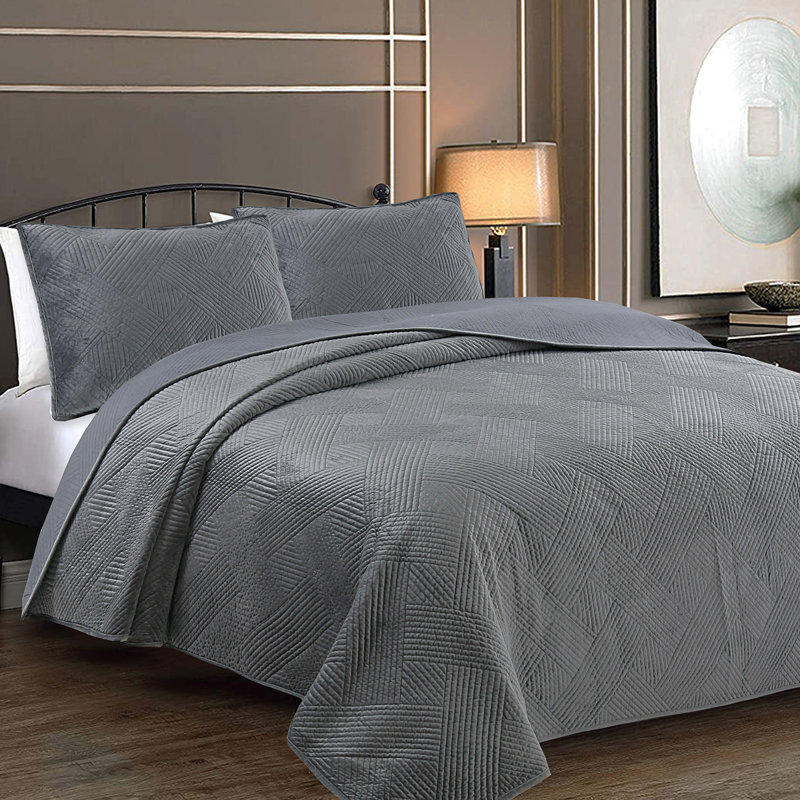 Couvre-lit en microfibre 3 pièces, gris, Courtepointe grand + 2 couvre-oreillers standard