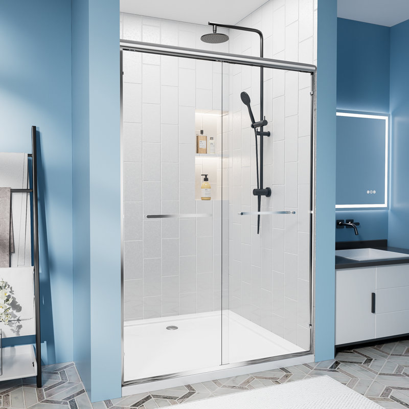 56-60" W X 72 "H Semi-Frameless Double Sliding Shower Door with 1/4" Clear Tempered Glass with Explosion-Proof Film, Aluminum Frame, Chrome