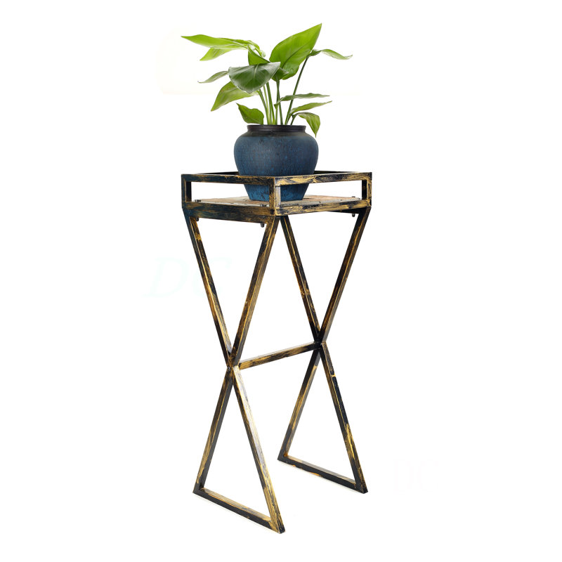 35.5" Gray Stone Slab Black / Gold Metal Plant Stand