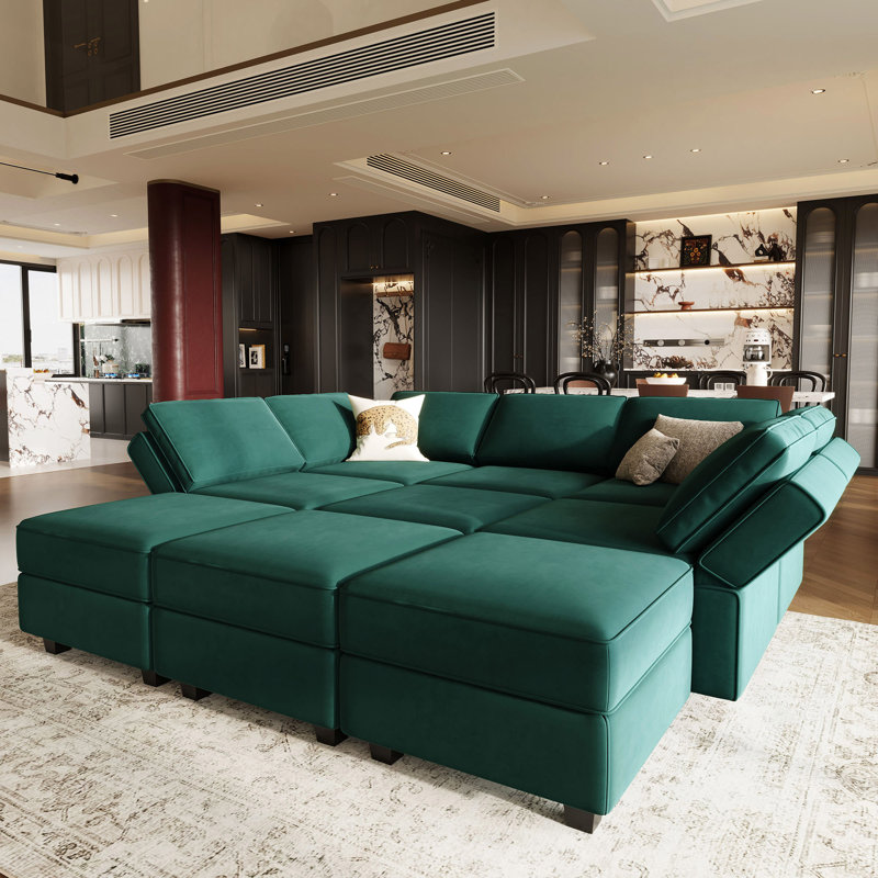 Neemi Upholstered Sectional, Green Velvet