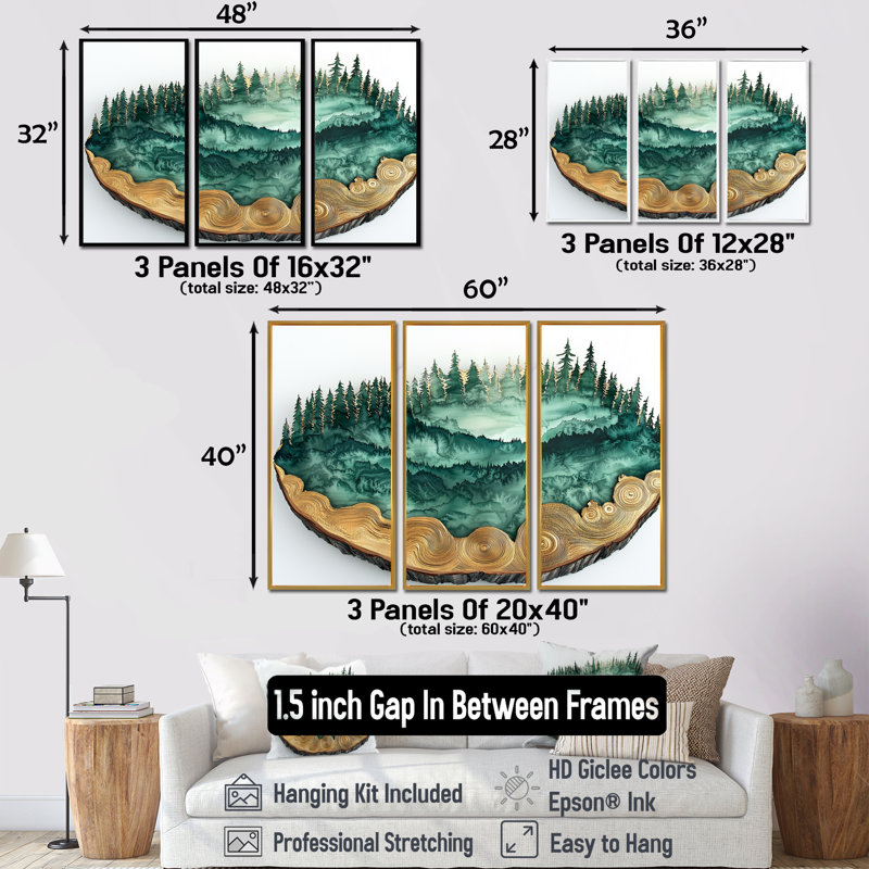 «Pine Trees Forest Landscape Into A Wood Slide IV», ensemble de 3 arbres, H 28 po x l 36 po, Framed Print without Mat, Blanc