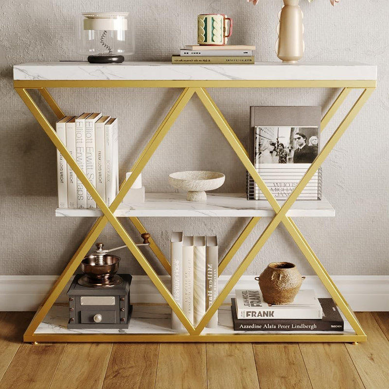 Industrial 3-Tier Entryway Table with X-Shaped Metal Frame - Warm Rustic Vintage Wood Tone. Double  Frames with 2 Shelves. Versatile for Living Room or Hallway