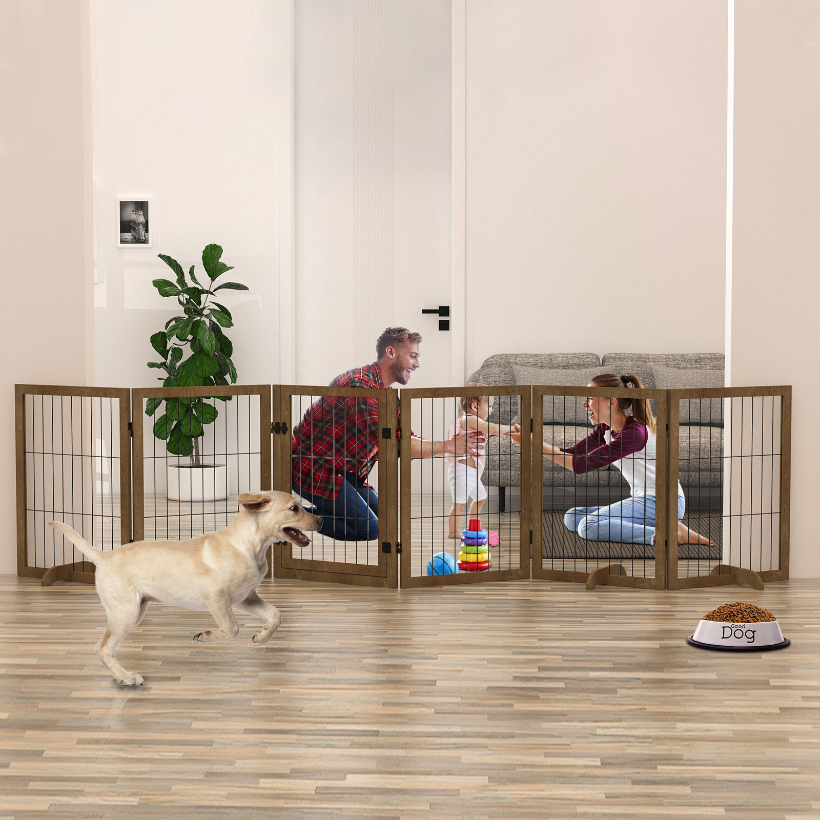 PawHut 3 Panel Pet Gate Wooden Foldable Dog Fence Indoor Free