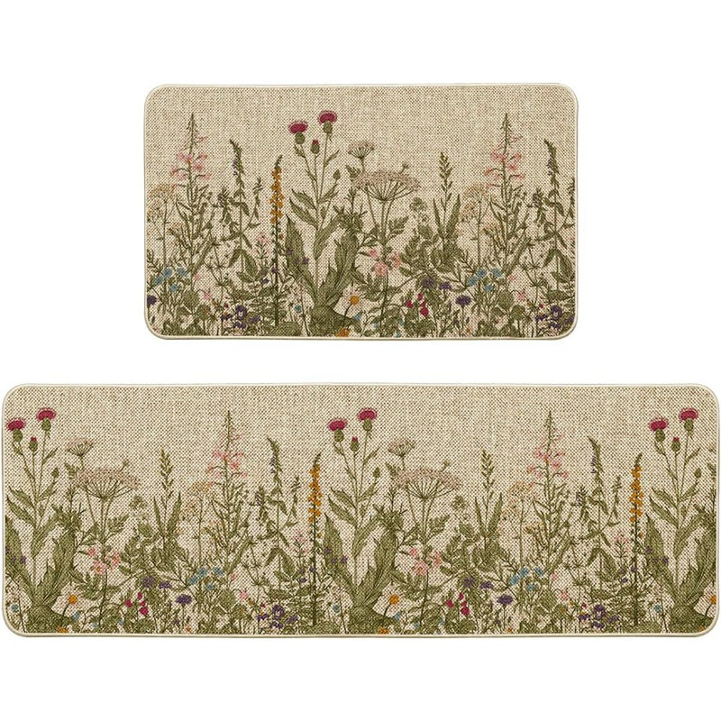 Wildflower Spring Floral Kitchen Mats - Multi - Set Of 2 Low-Profile Floor Rugs, Summer Holiday Party Home Kitchen