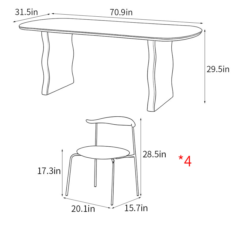 Ensemble de table de salle à manger rectangulaire de style français, H 29,5 po x L 70,9 po x l 31,5 po