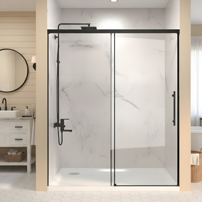 Porte de douche coulissante simple l 48 po x H 72 po, verre fixe de 5 mm et verre coulissant de 6 mm sans cadre, verre trempé transparent, poignée en acier inoxydable, noir mat