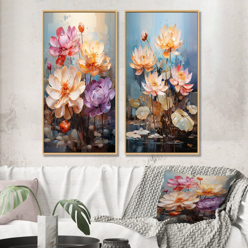 Fleurs colorées de lotus abstraction - lot de 2 lotus, H 32 po x l 33 po, Encadrement brun
