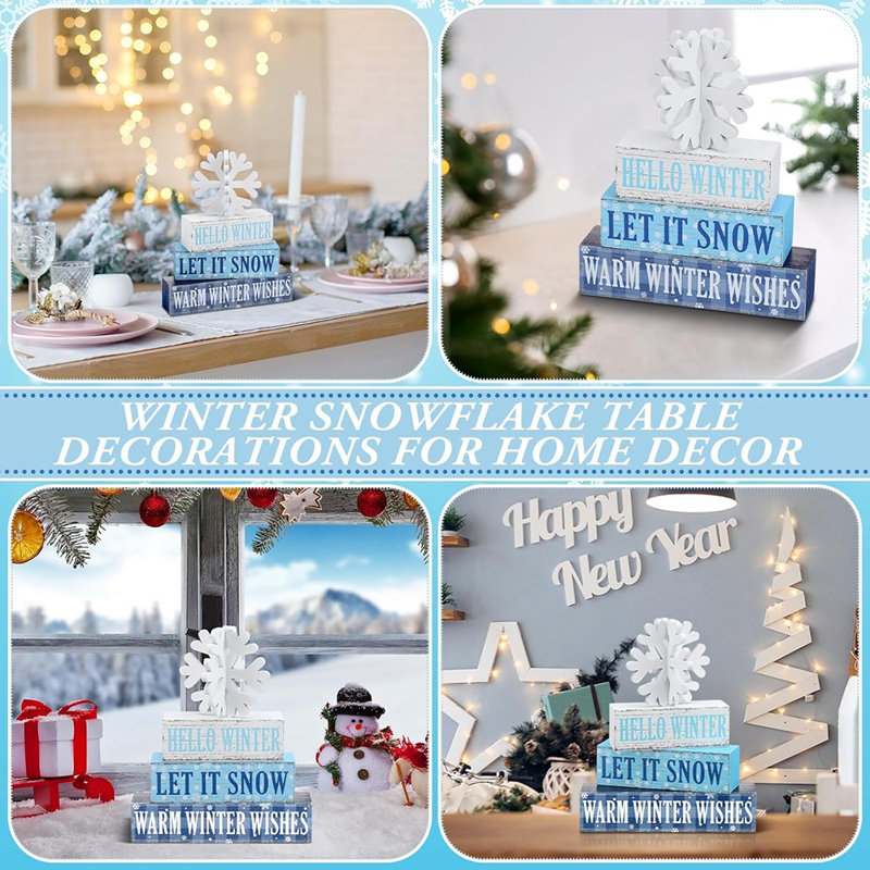 Panneau en bois Hello Winter - blanc / beige - motif flocon de neige rustique