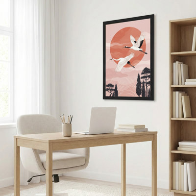 Art mural sur toile noir encadré pour le salon, la chambre à coucher, le bureau ou le vestibule - décoration murale décorative avec coucher de soleil grue