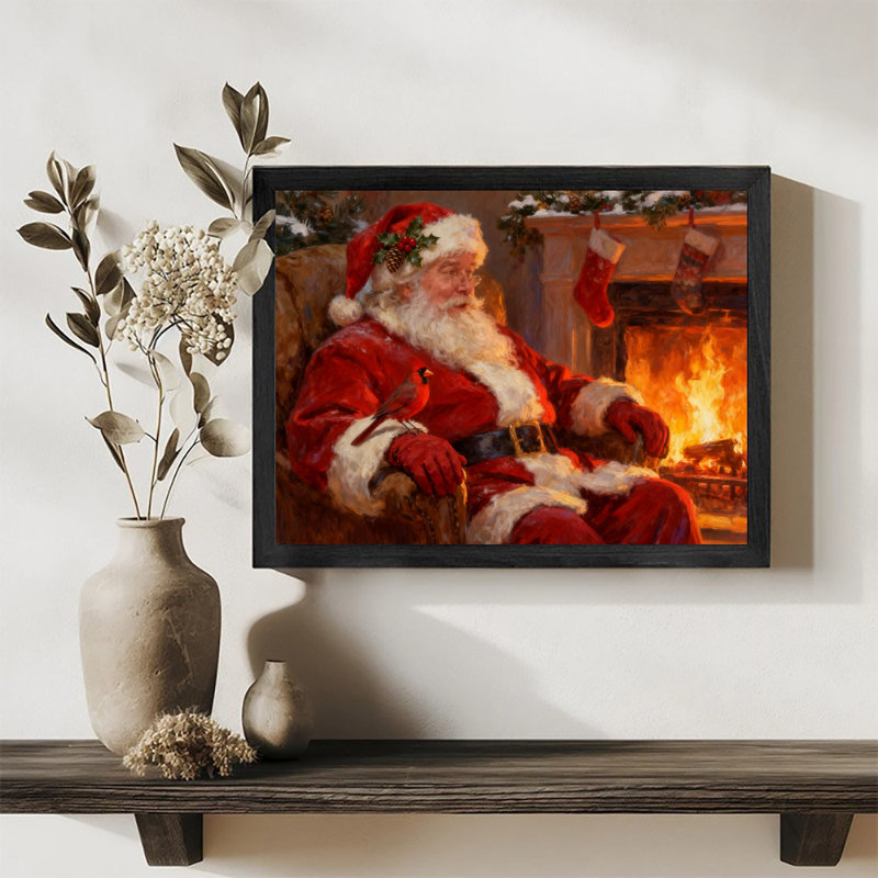 Reproduction d'art encadrée noire, père Noël et cardinaux, H 9 po x l 11 po