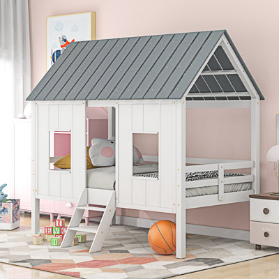 Low Loft House Bed With Roof And Two Front Windows