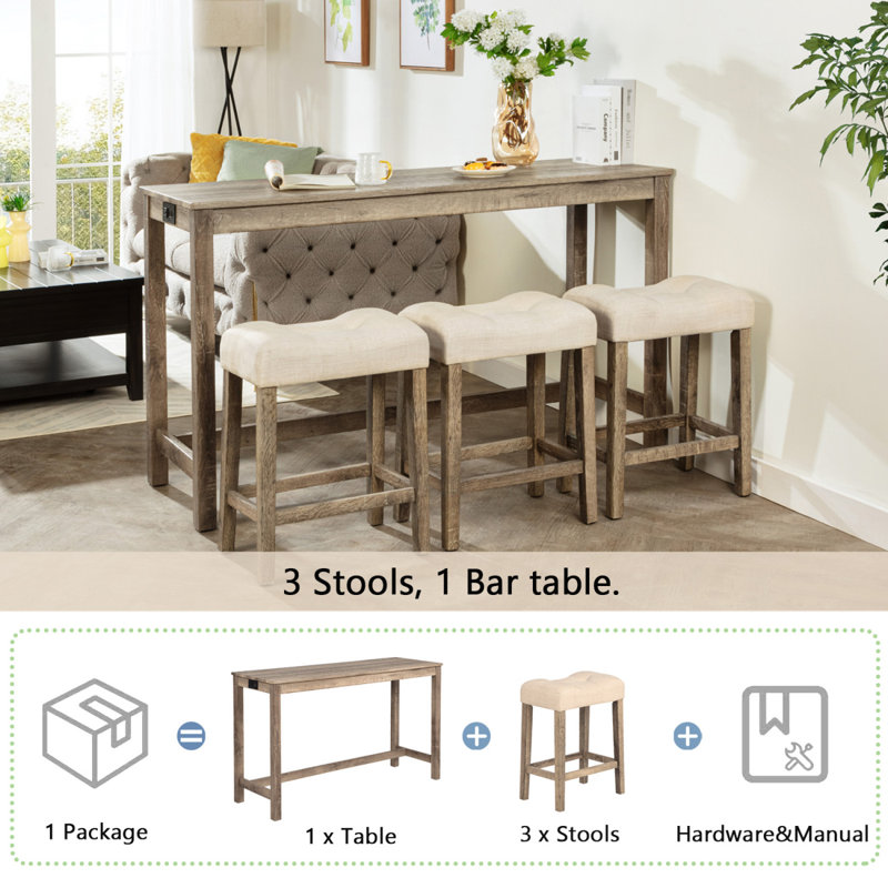 4-Piece Bar Table Set With Power Outlet, Dining Bar Table And Chairs Set,Bar Table Set With 3 Padded Stools For Living Room, Dining Room, Game Room