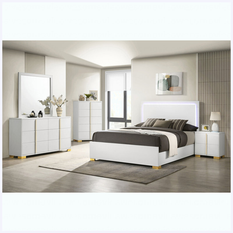 Ensemble de chambre avec grand lit 5 pièces White, White, 5 Pcs: Bed, Nightstand, 2 Dressers, Mirror, Queen