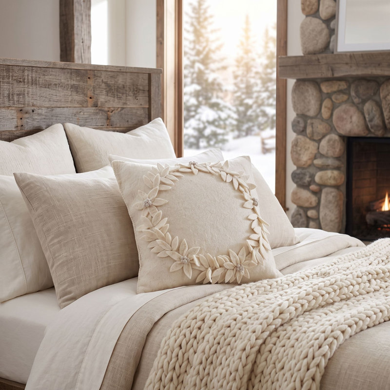 Coussin de Noël en laine feutrée à la main, couronne crème, 20 po, Oreiller (inclus)