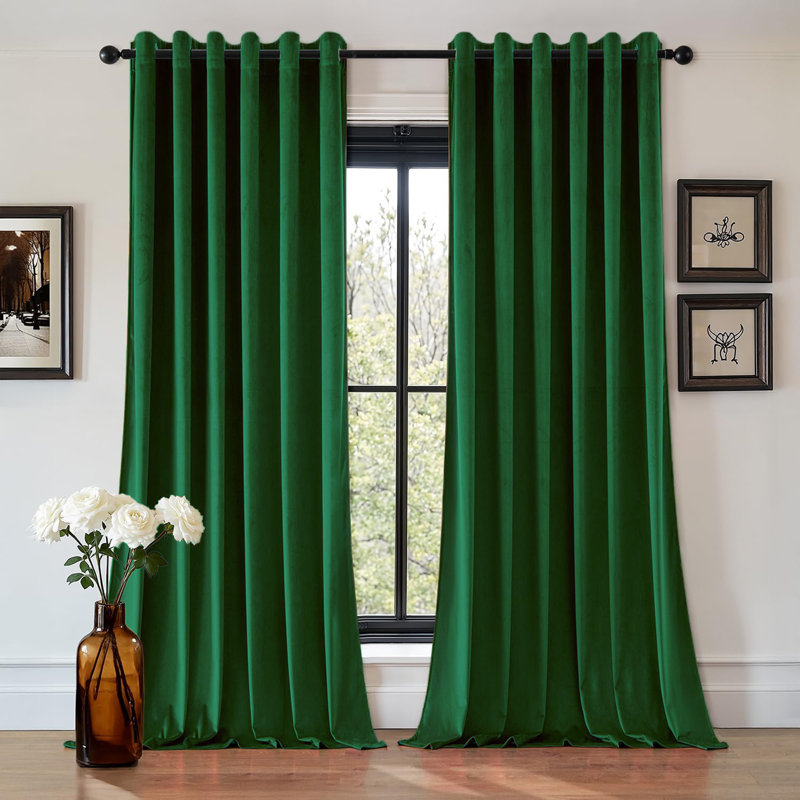 Aspire Homeware 100% Velvet Eyelet Room Darkening Curtains Pair for Soft and Elegant Window Look, Green Emerald