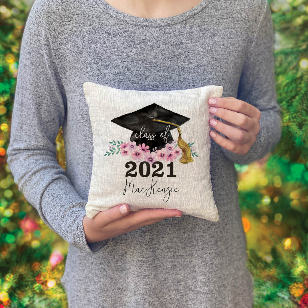 Floral Graduation Class 8 Mini Gift Pillow With Custom Name And Year Printed | Removable Cover | Graduate Themed Home Dcor | 8" X 8" CPS 