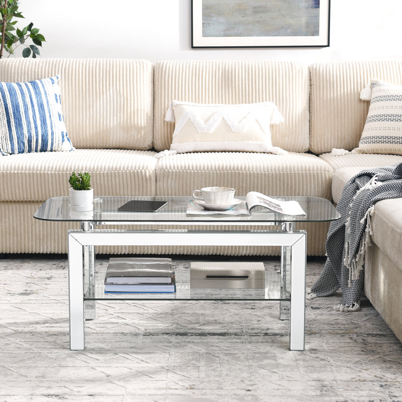 Rectangular Glass Coffee Table With Mirrored Legs And Sleek Appearance Oval Tempered Practical Storage Feature