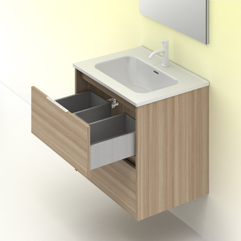 Suki 600mm Wall Hung Single Bathroom Vanity Unit, Medium Wood, White Glossy