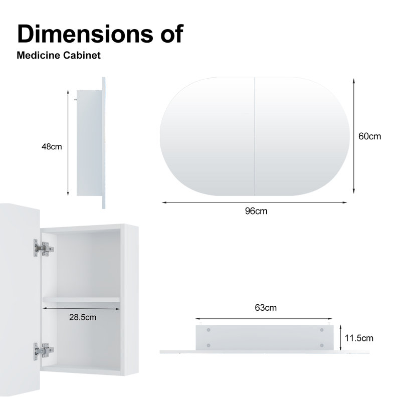 Soini Oval Bathroom Mirror Cabinet, 2 Door Wall Mounted Medicine Cabinet, White, 60cm H x 96cm W x 11.5cm D