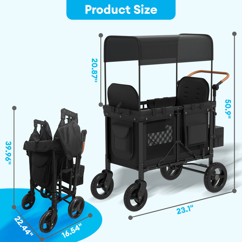 Wagon poussette 2 places pliable noir avec sièges convertibles, poignée réglable à tirer et auvent amovible