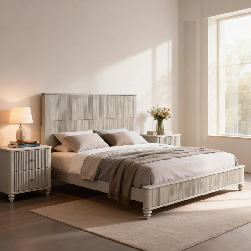 Ensemble de chambre à coucher 3 pièces avec lit et 2 tables de chevet, Beige, Très grand lit