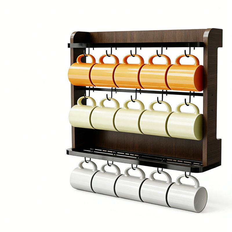 Porte-tasses à café à 3 niveaux avec tablette de rangement supérieure, organisateur de tasses en bois et en métal