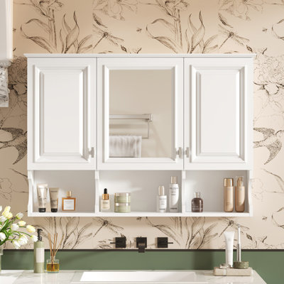 41 Inch Wall Mounted Bathroom Mirror Cabinet, Medicine Cabinet with Adjustable Shelf, Open Shelves, Soft Close Doors & High-Define Mirror, White