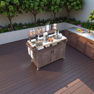 Outdoor Kitchen Island Bar Table With Raised Shelf And Storage Rack