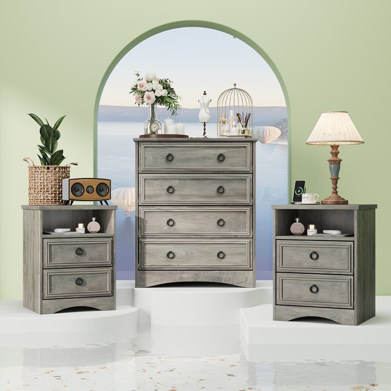 Lark Manor™ 3 Piece Bedroom Dresser Set - 4 Drawer Dresser And Two 2 Drawer Nightstands,Gray Wash