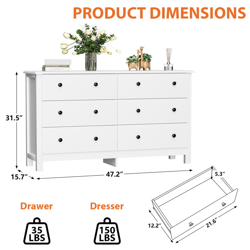 Nalea 47.2'' W 6 - Drawer Dresser, White