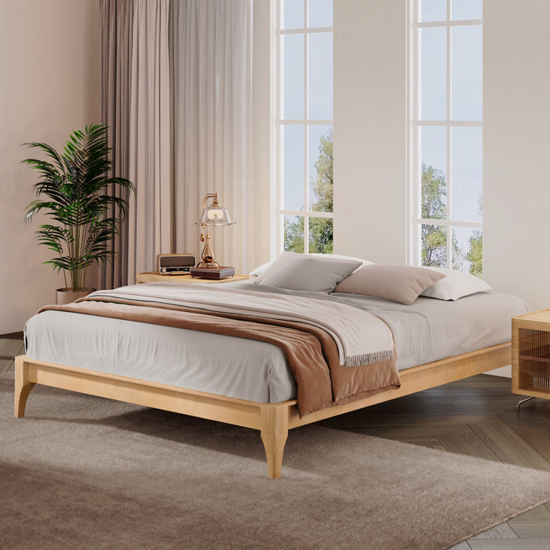 Lit plateforme en bois massif, Naturel, Lit double