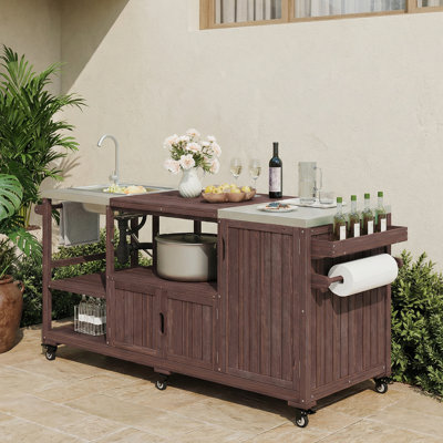 75.4" Outdoor Kitchen Island with Stainless Steel Sink, Solid Wood Rolling Grill Bar Cart for XL Green Egg & Pizza Prep BBQ by Latitude Run