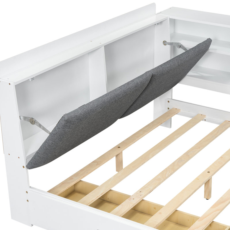 Lit double en bois de pin massif avec tête de lit, 2 tiroirs et planche rotative, tablettes faciles à assembler, et stable